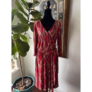 AB Studio Red Chain Print Wrap Dress L Made In USA 90's Vintage Party Sleek